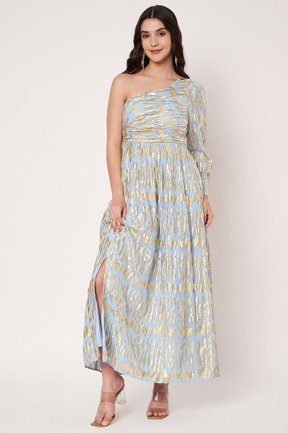 Lurex Blue One Shoulder Full Sleeves Maxi Dress