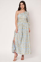 Lurex Blue One Shoulder Full Sleeves Maxi Dress