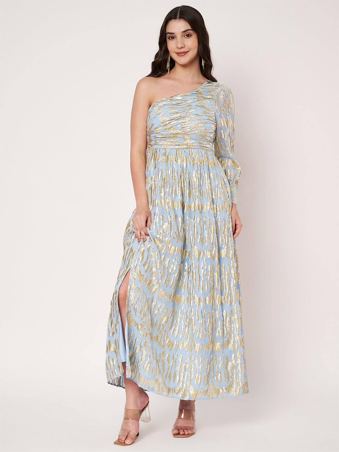 Lurex Blue One Shoulder Full Sleeves Maxi Dress
