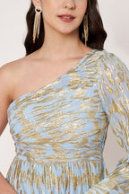 Lurex Blue One Shoulder Full Sleeves Maxi Dress