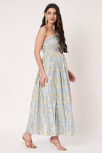 Lurex Blue One Shoulder Full Sleeves Maxi Dress