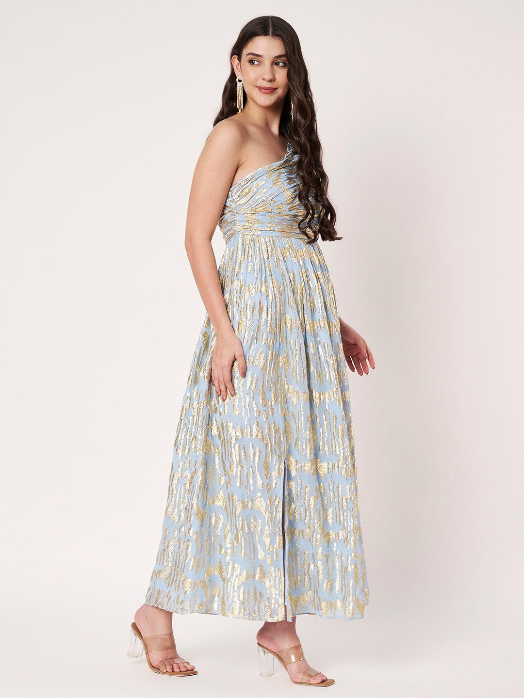 Lurex Blue One Shoulder Full Sleeves Maxi Dress