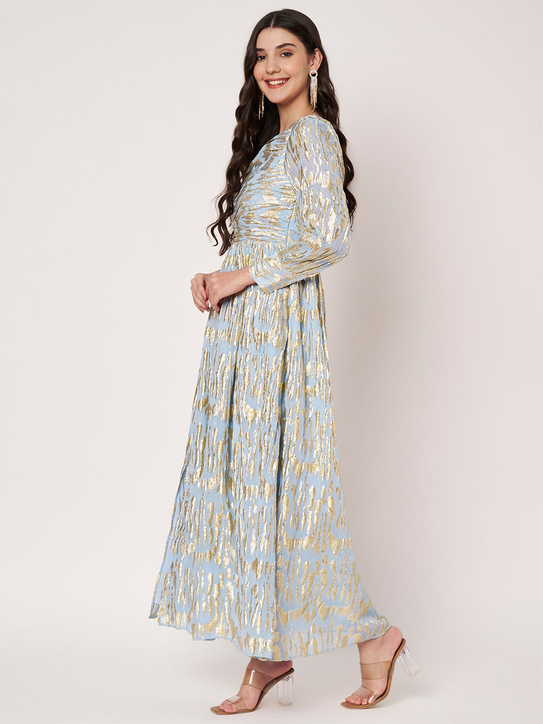 Lurex Blue One Shoulder Full Sleeves Maxi Dress