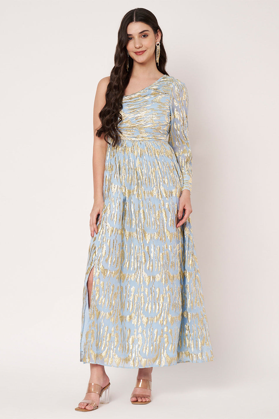 Lurex Blue One Shoulder Full Sleeves Maxi Dress