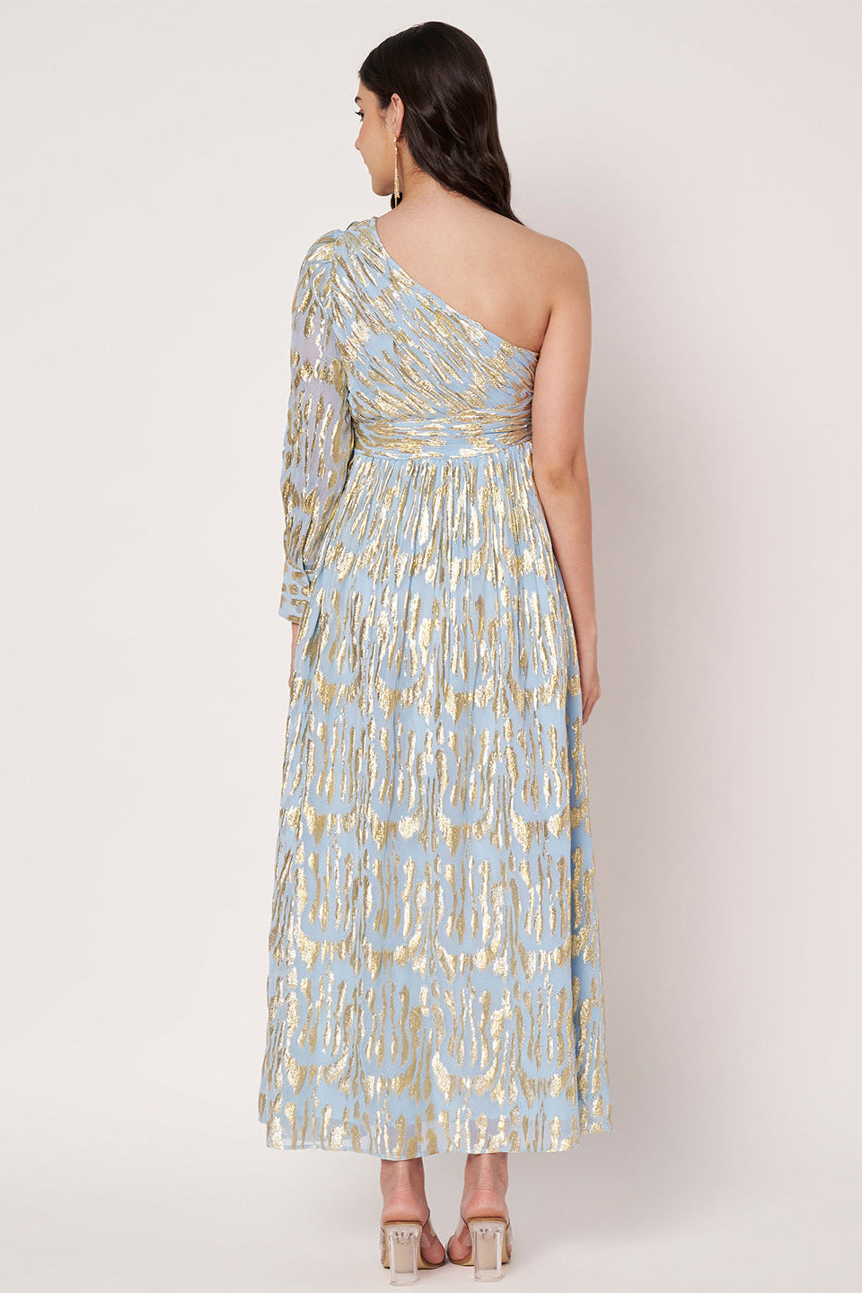 Lurex Blue One Shoulder Full Sleeves Maxi Dress