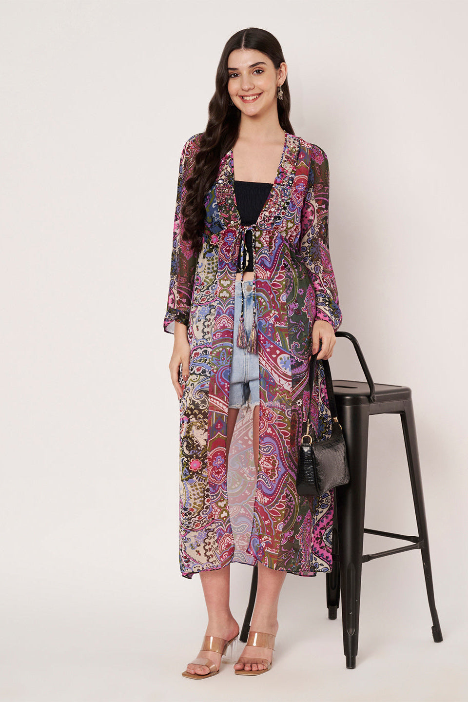 Purple Printed Longline Tie-Uo Shrug Dress