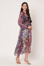 Purple Printed Longline Tie-Up Shrug Dress