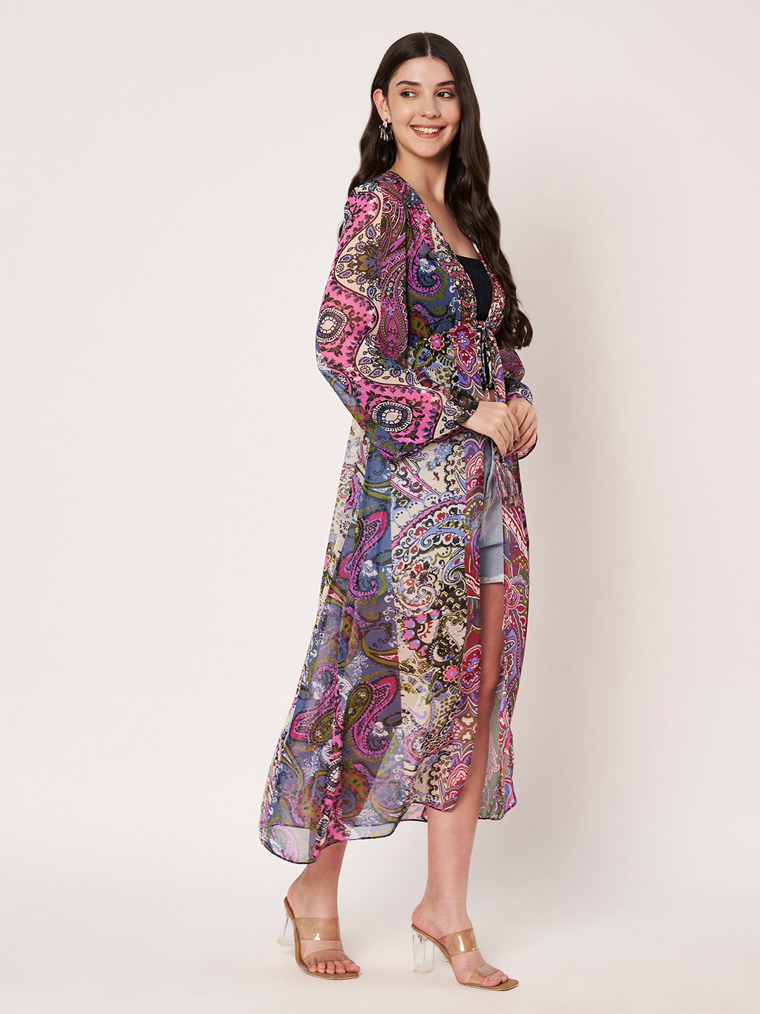 Purple Printed Longline Tie-Uo Shrug Dress