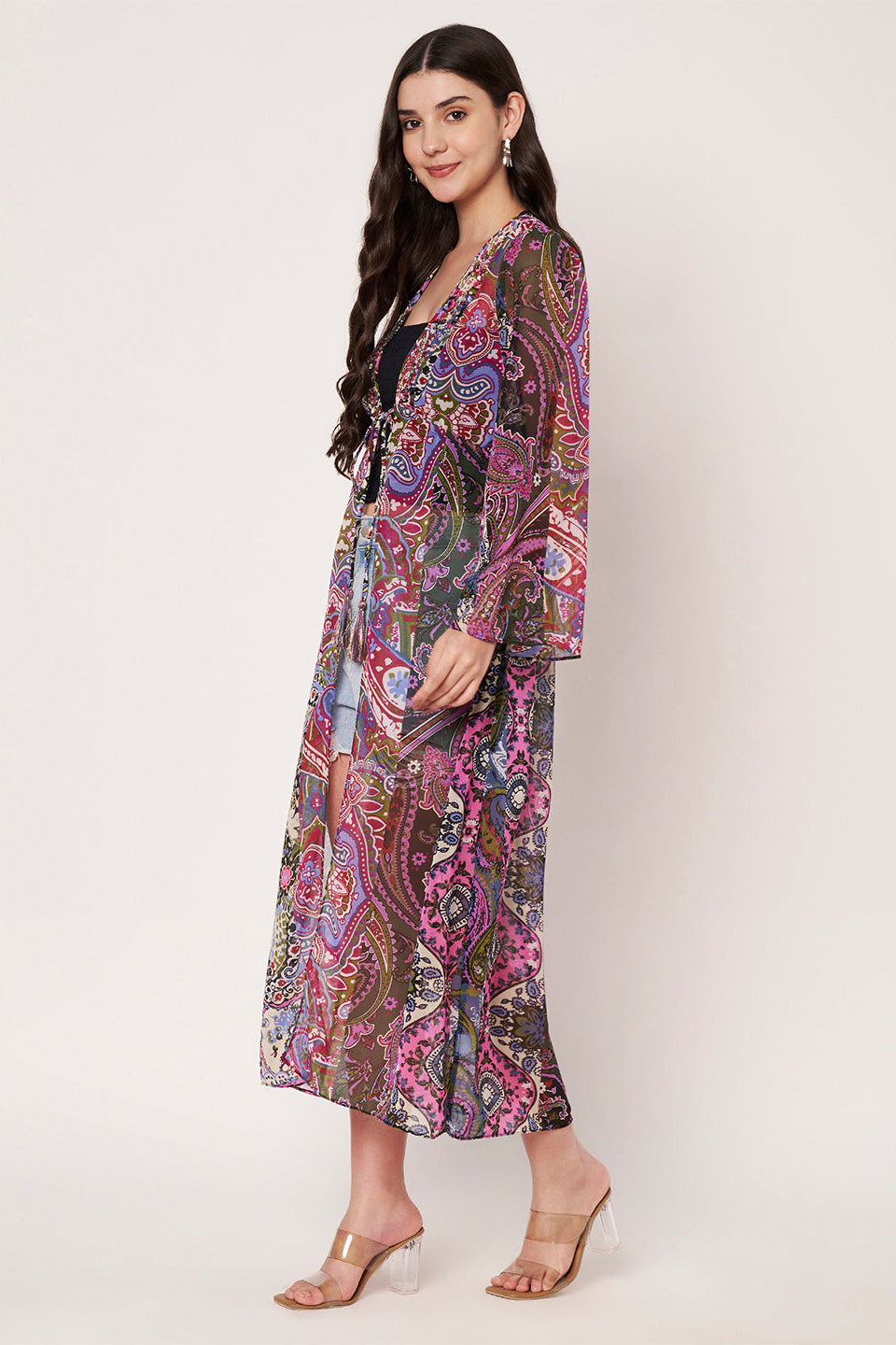 Purple Printed Longline Tie-Up Shrug Dress