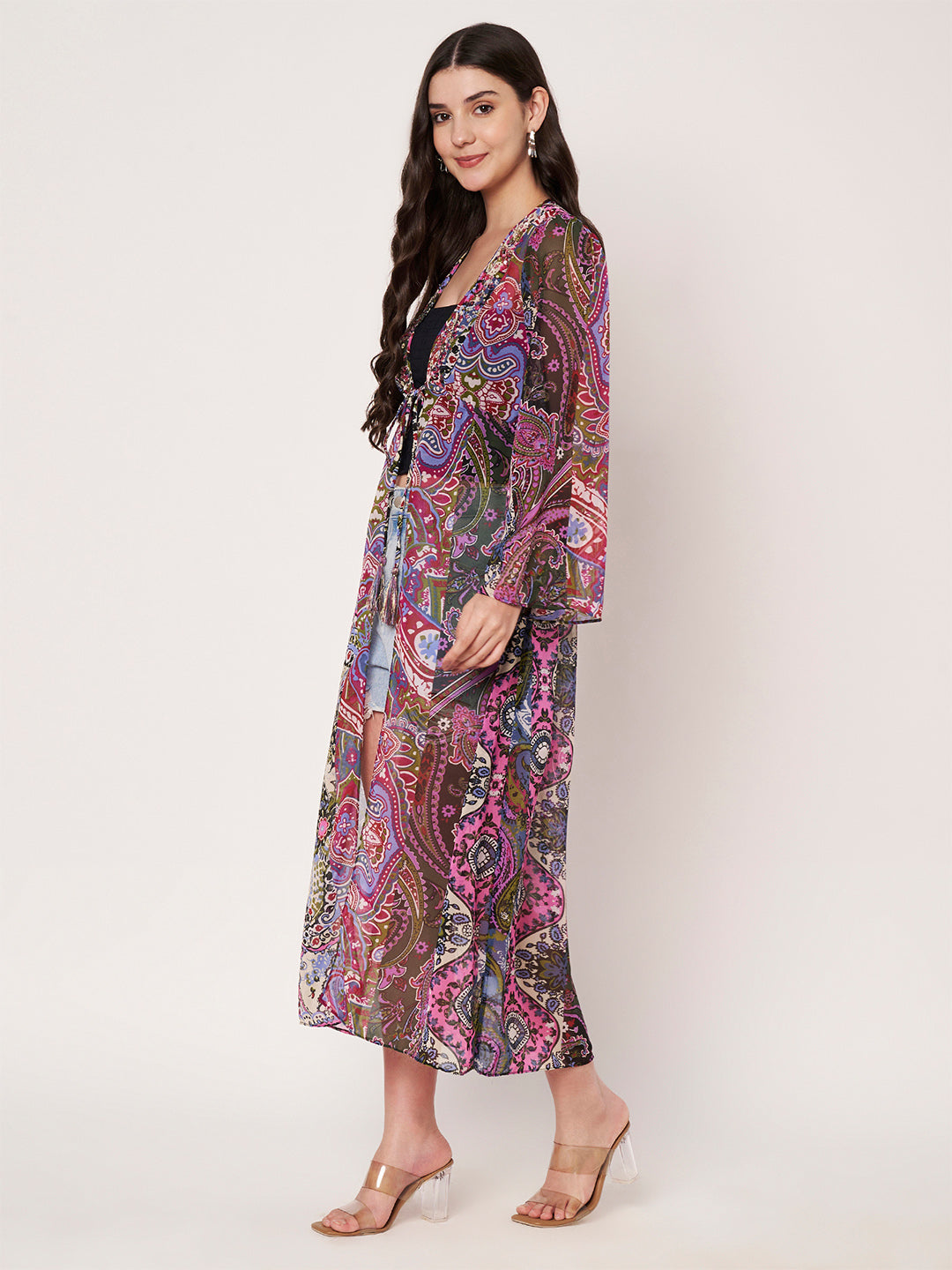 Purple Printed Longline Tie-Uo Shrug Dress