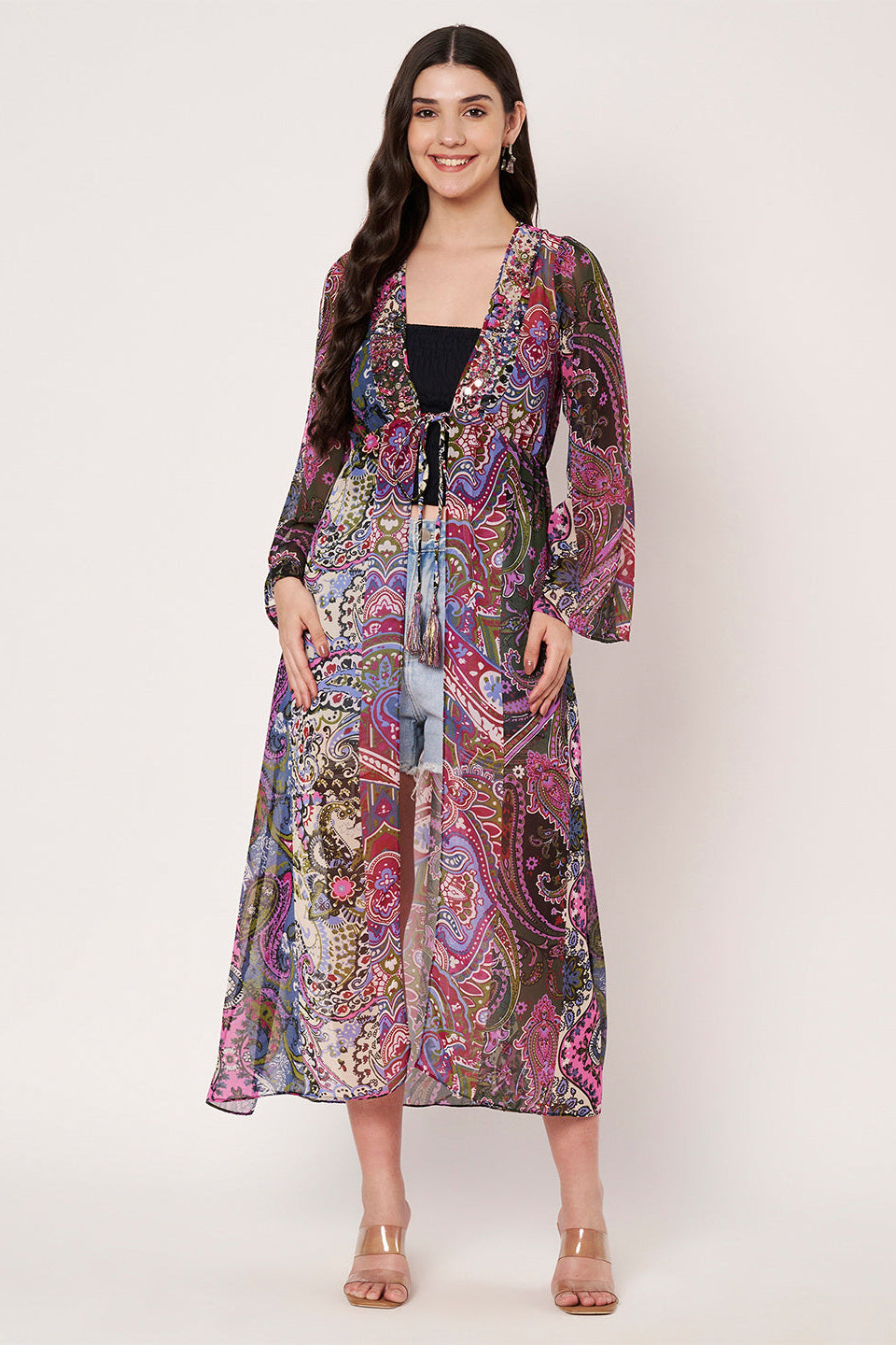 Purple Printed Longline Tie-Up Shrug Dress