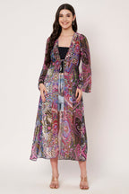Purple Printed Longline Tie-Up Shrug Dress