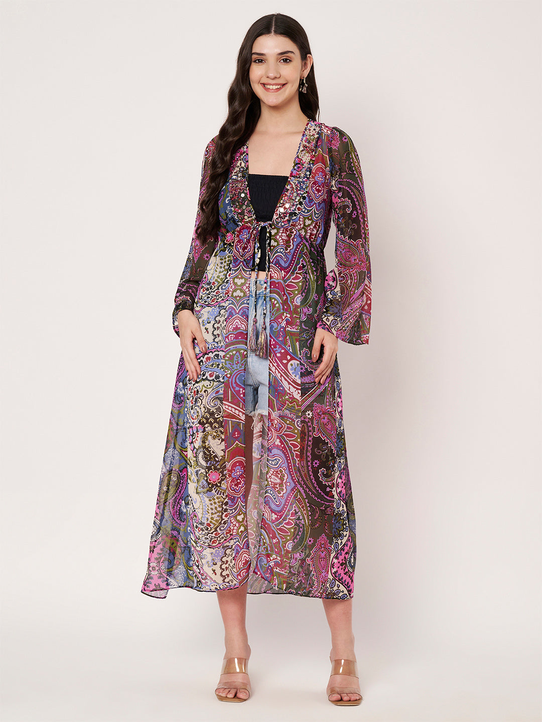 Purple Printed Longline Tie-Uo Shrug Dress