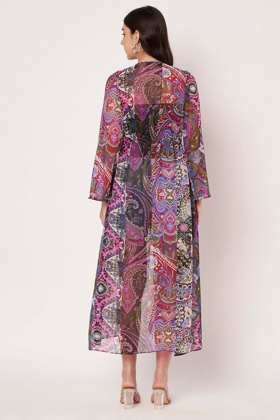 Purple Printed Longline Tie-Up Shrug Dress