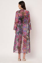 Purple Printed Longline Tie-Up Shrug Dress