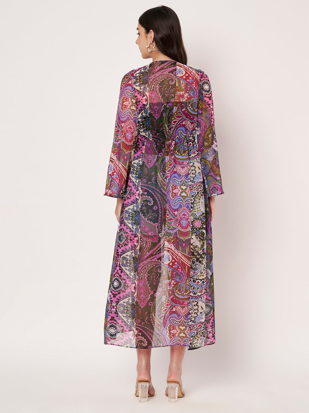 Purple Printed Longline Tie-Uo Shrug Dress