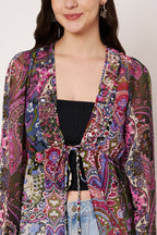 Purple Printed Longline Tie-Up Shrug Dress