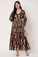 Lurex Brown V-Neck Full Sleeves Maxi Dress