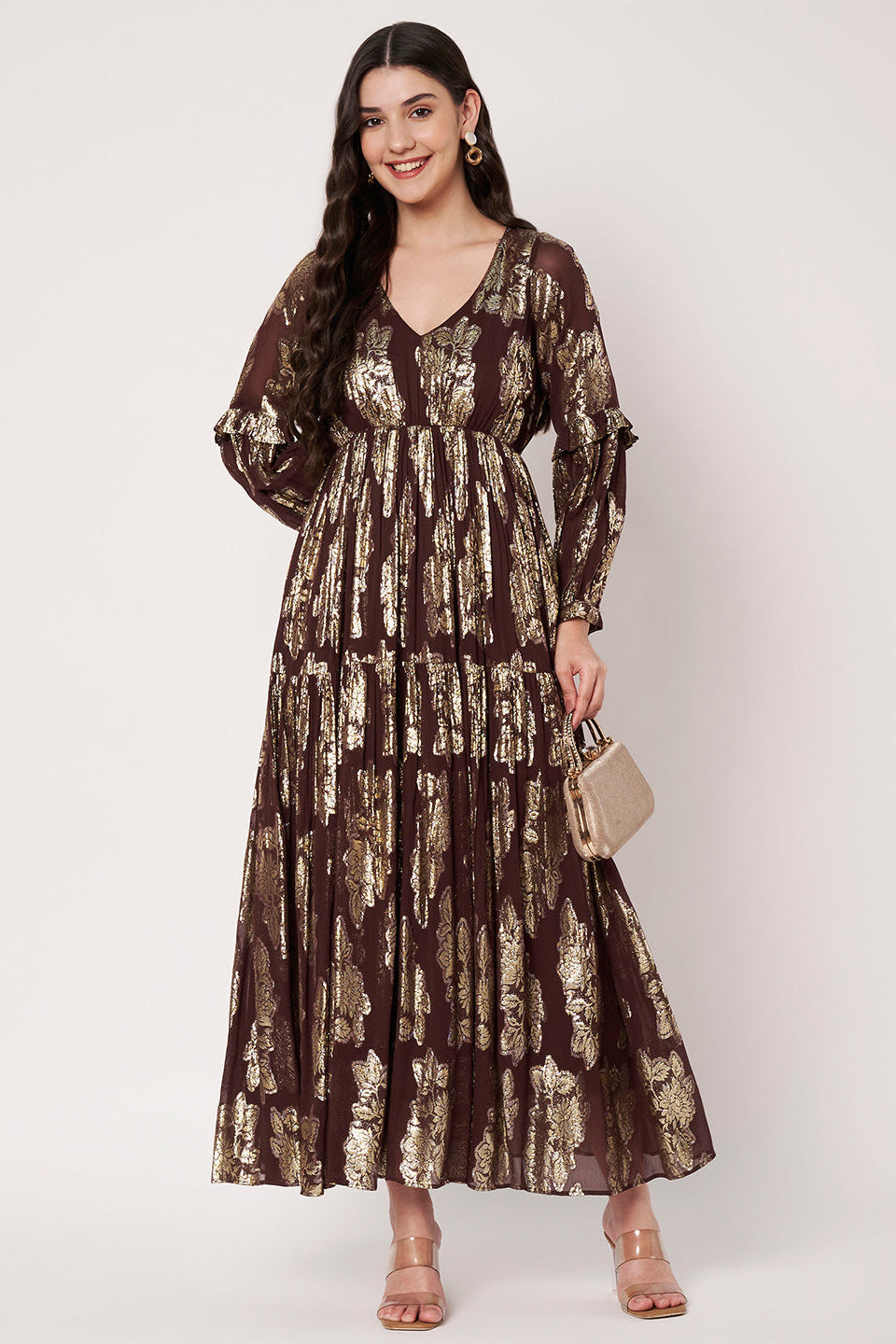 Lurex Brown V-Neck Full Sleeves Maxi Dress