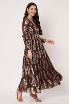 Lurex Brown V-Neck Full Sleeves Maxi Dress
