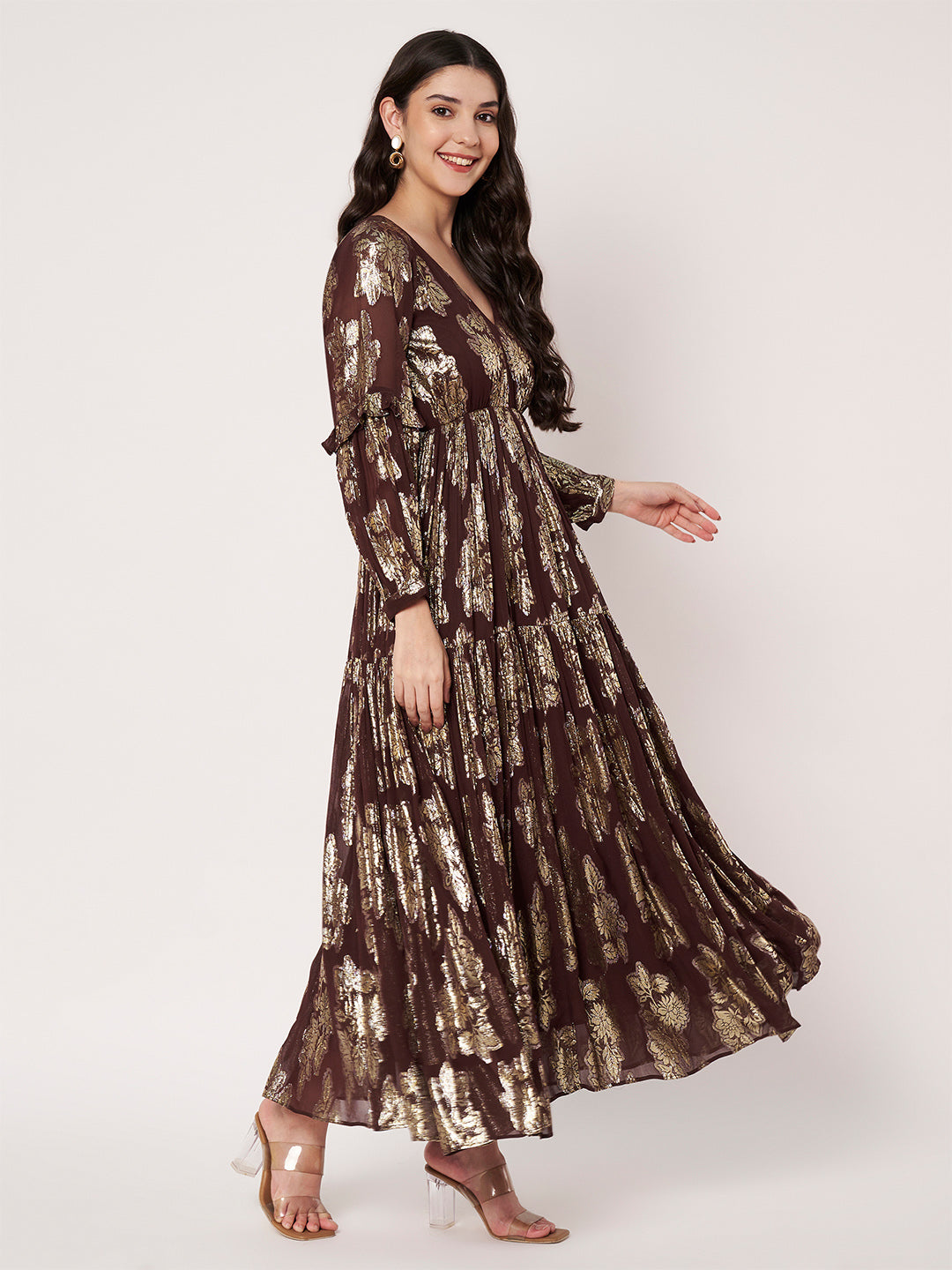Lurex Brown V-Neck Full Sleeves Maxi Dress