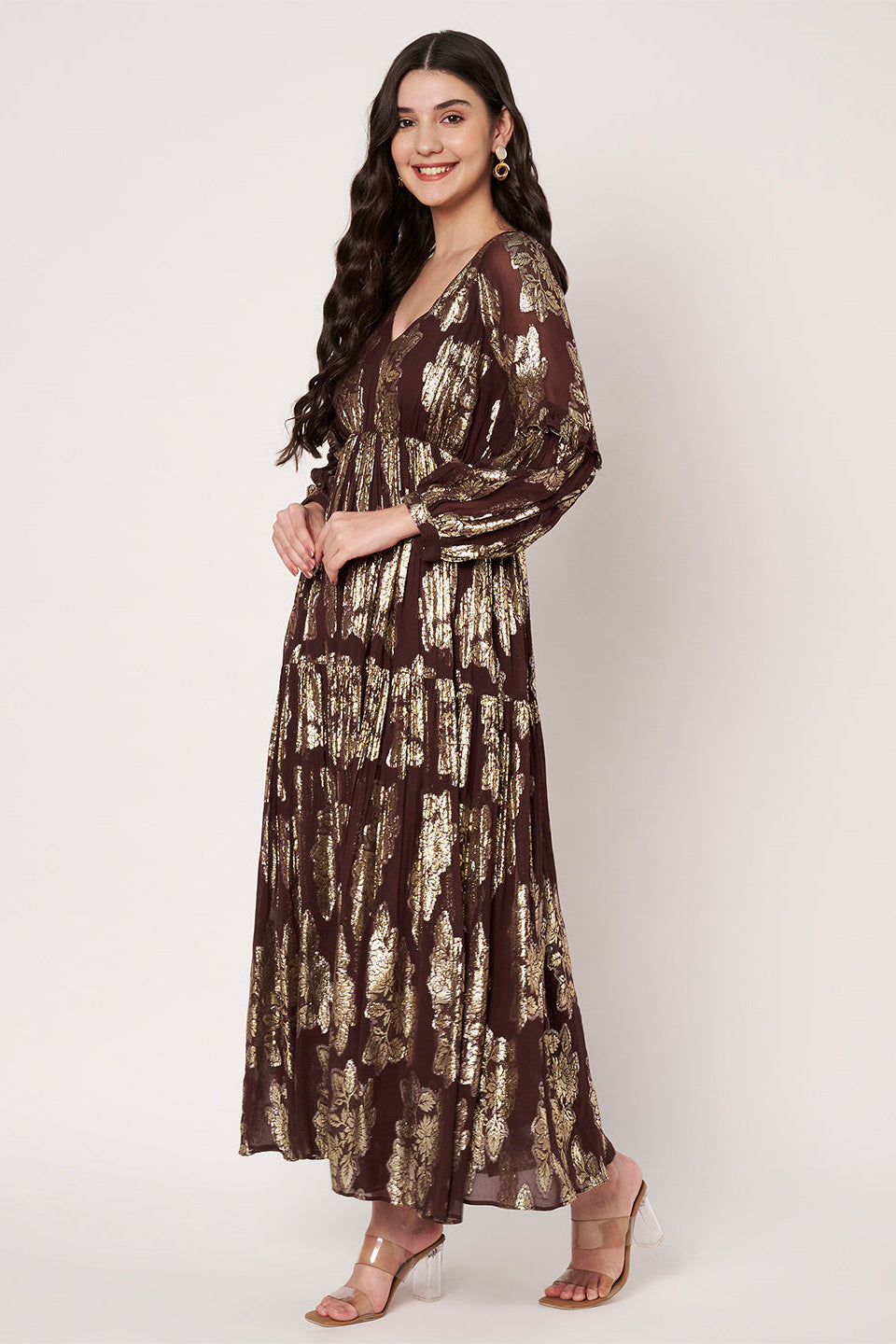 Lurex Brown V-Neck Full Sleeves Maxi Dress