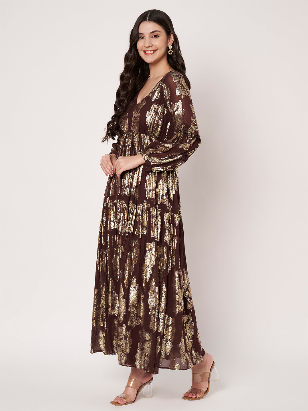 Lurex Brown V-Neck Full Sleeves Maxi Dress