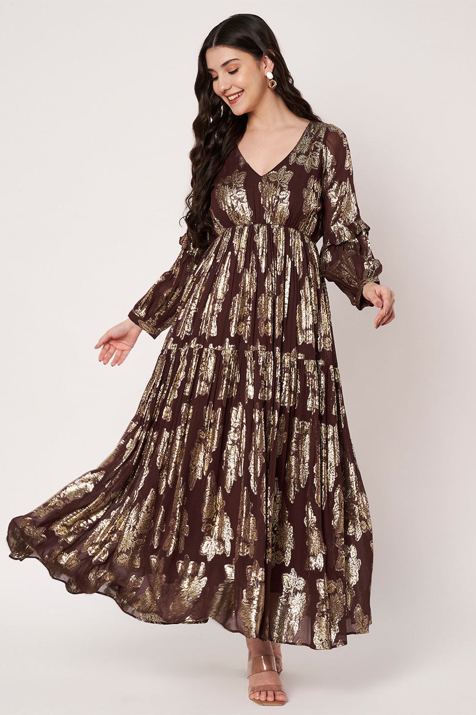 Lurex Brown V-Neck Full Sleeves Maxi Dress
