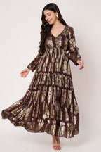 Lurex Brown V-Neck Full Sleeves Maxi Dress