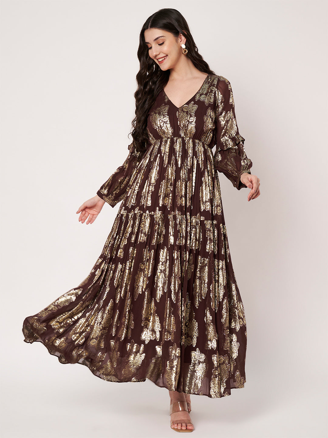 Lurex Brown V-Neck Full Sleeves Maxi Dress