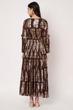 Lurex Brown V-Neck Full Sleeves Maxi Dress