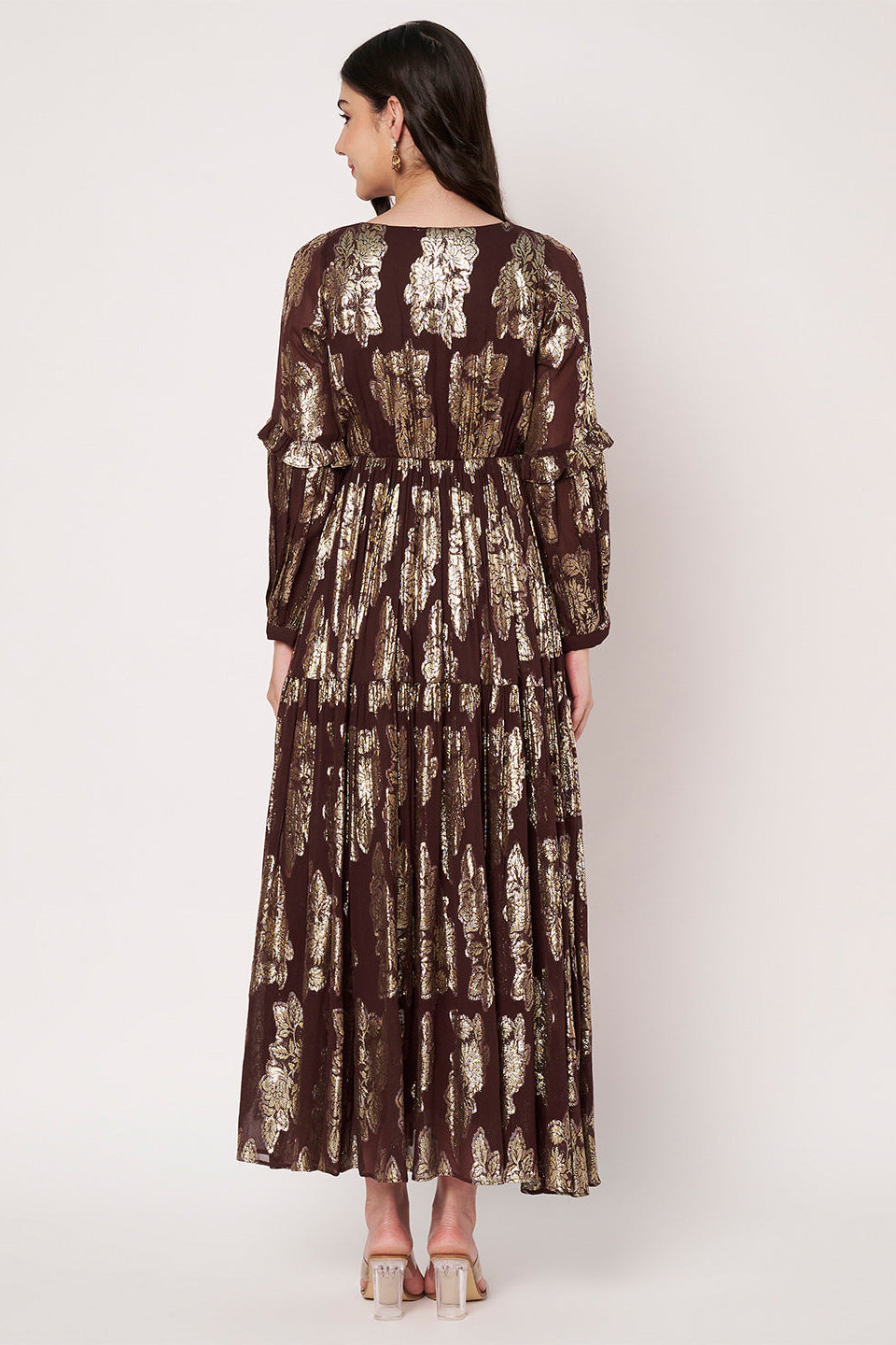 Lurex Brown V-Neck Full Sleeves Maxi Dress