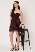 Amagyaa wine red geometric print chiffon mini dress