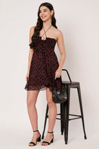Amagyaa wine red geometric print chiffon mini dress