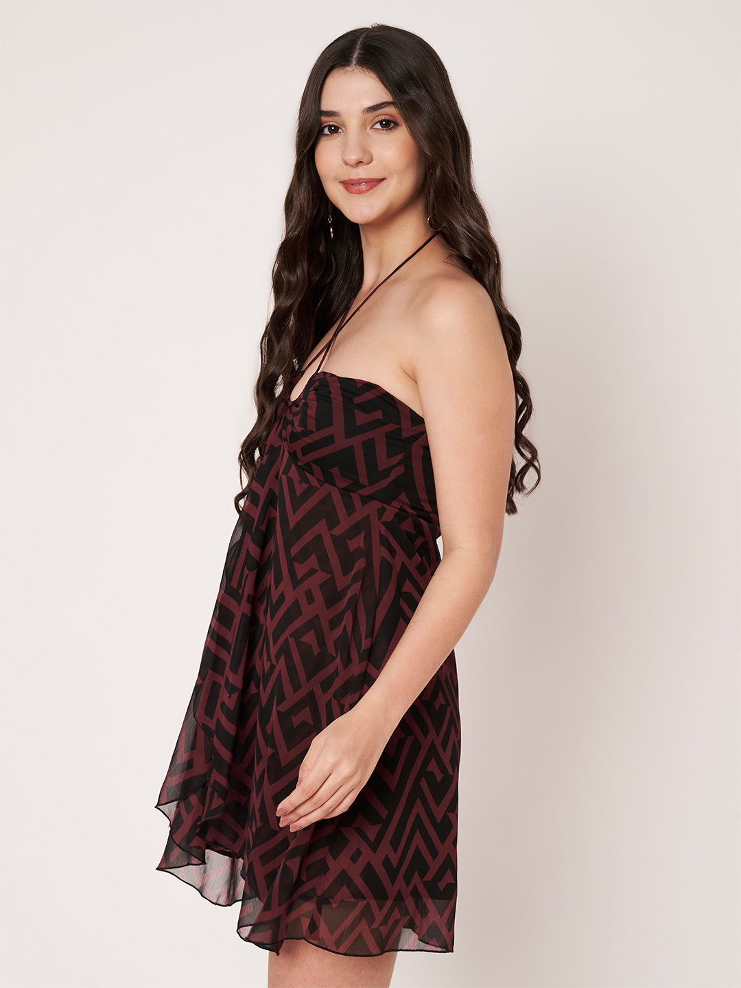 Amagyaa wine red geometric print chiffon mini dress