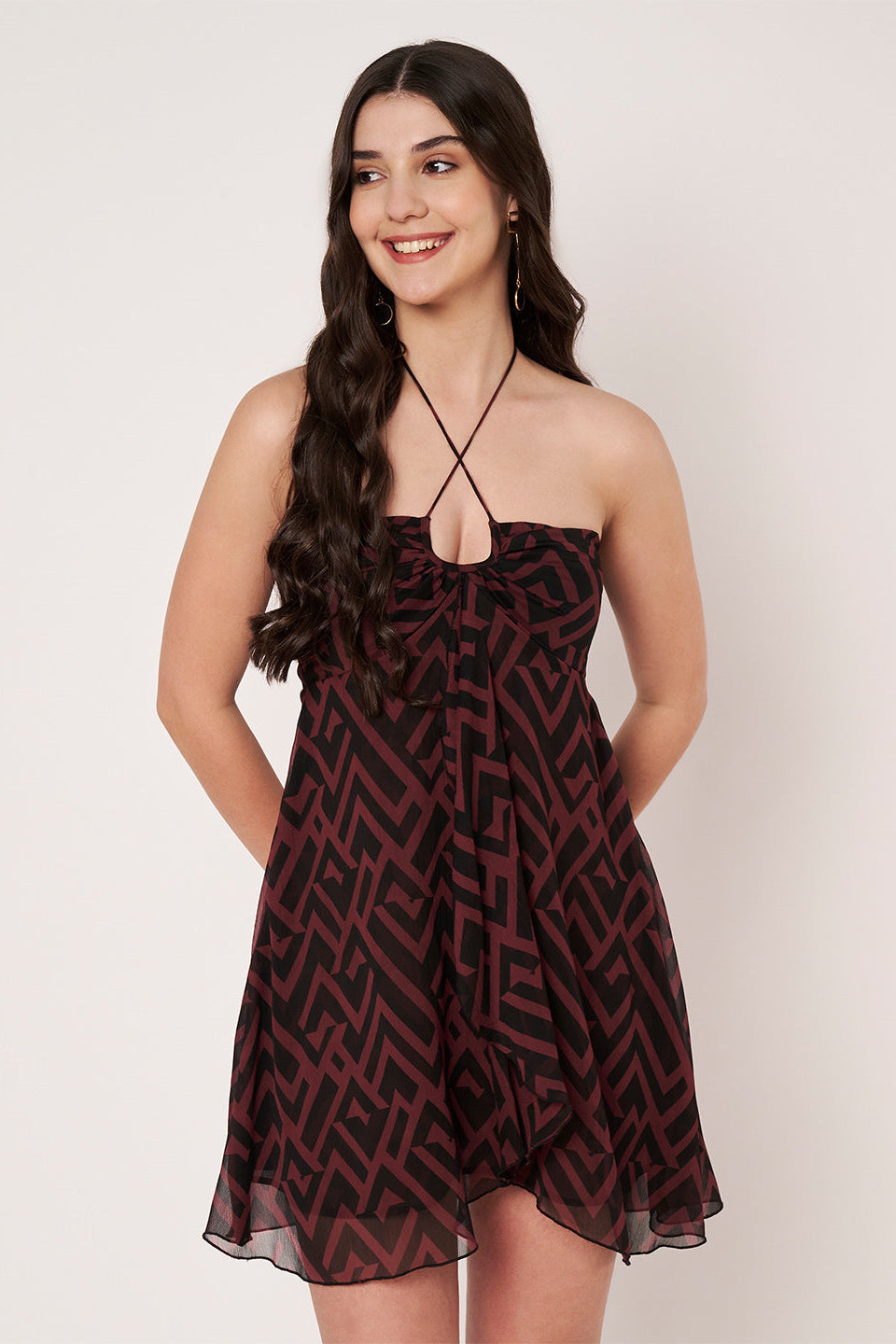 Amagyaa wine red geometric print chiffon mini dress