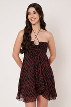 Amagyaa wine red geometric print chiffon mini dress