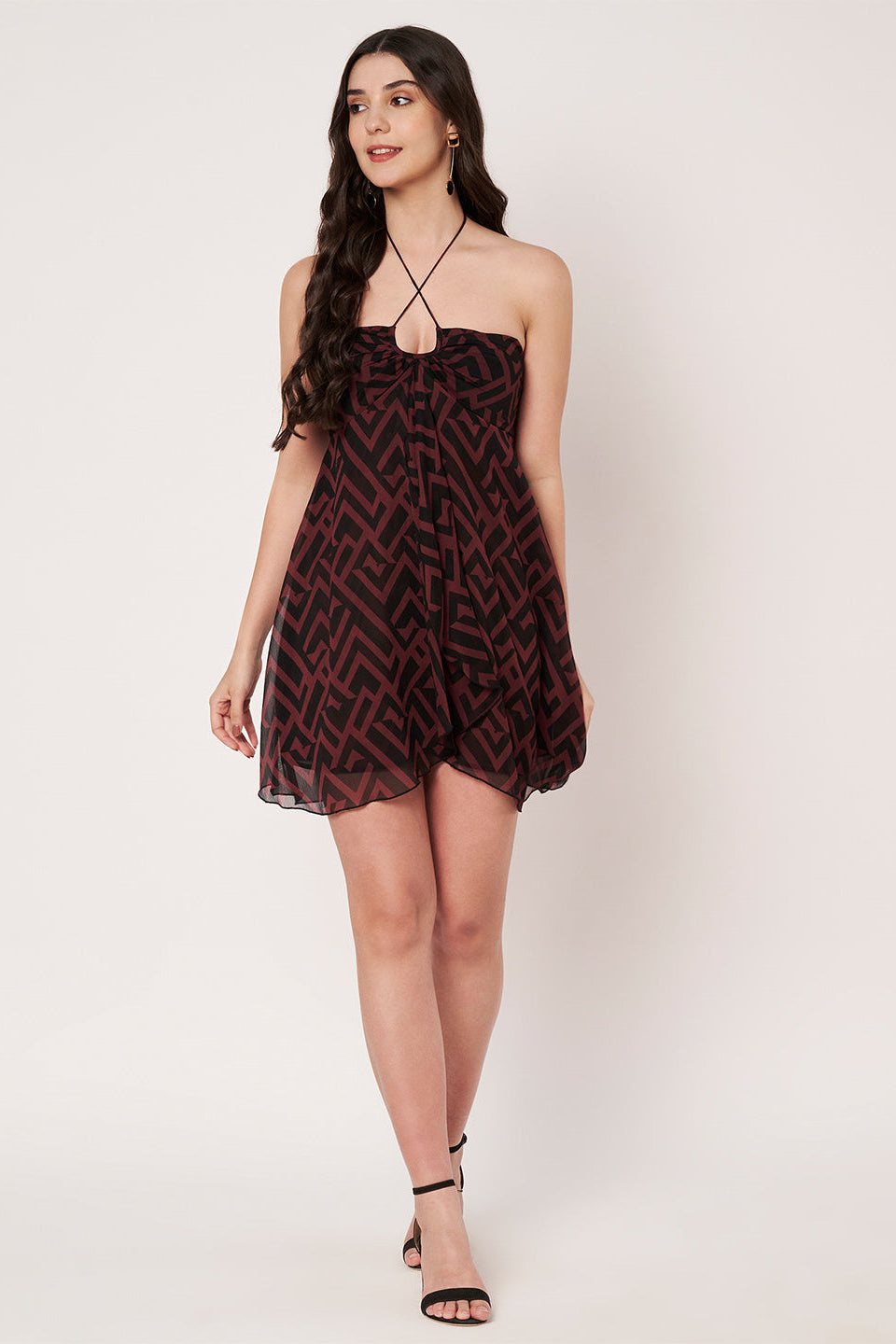 Amagyaa wine red geometric print chiffon mini dress