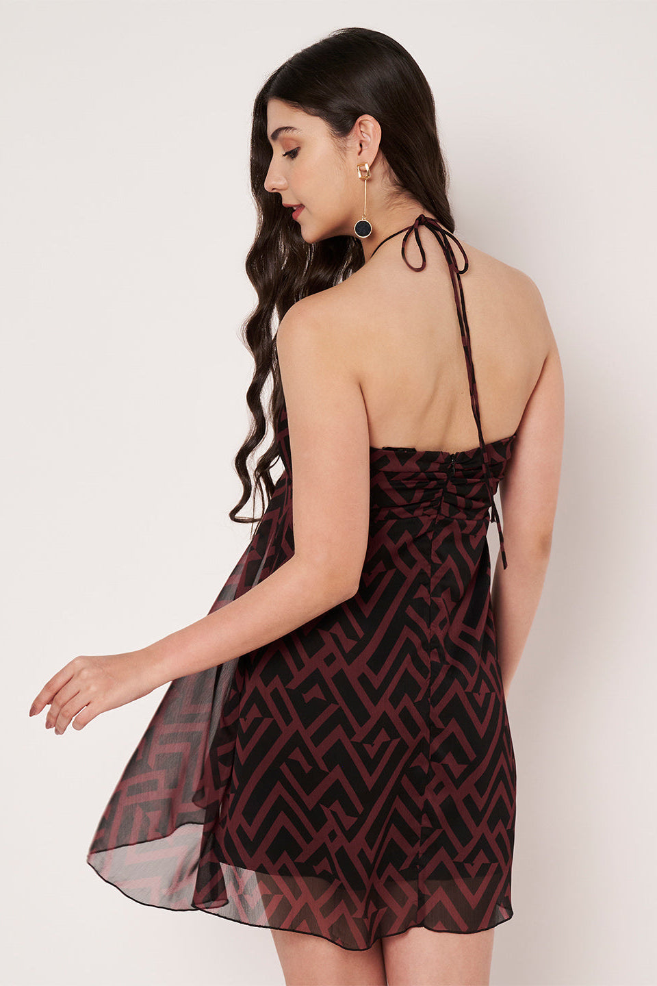 Amagyaa wine red geometric print chiffon mini dress