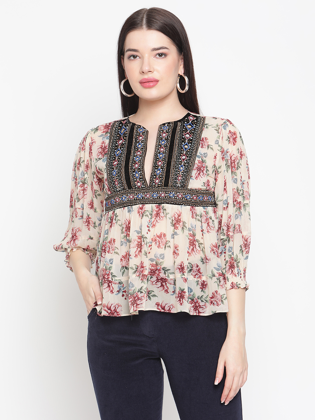 Buy Floral Print Blouse with Embroidery & Adda Work | Amagyaa