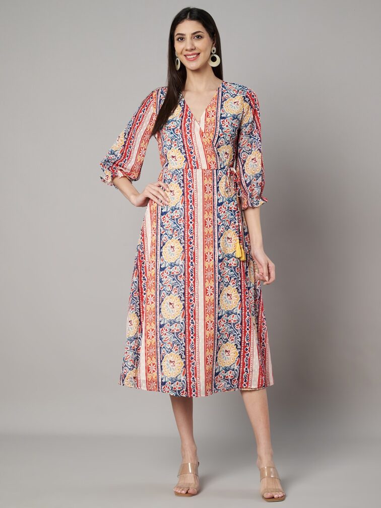 V-Neck Floral Wrap Midi Dress