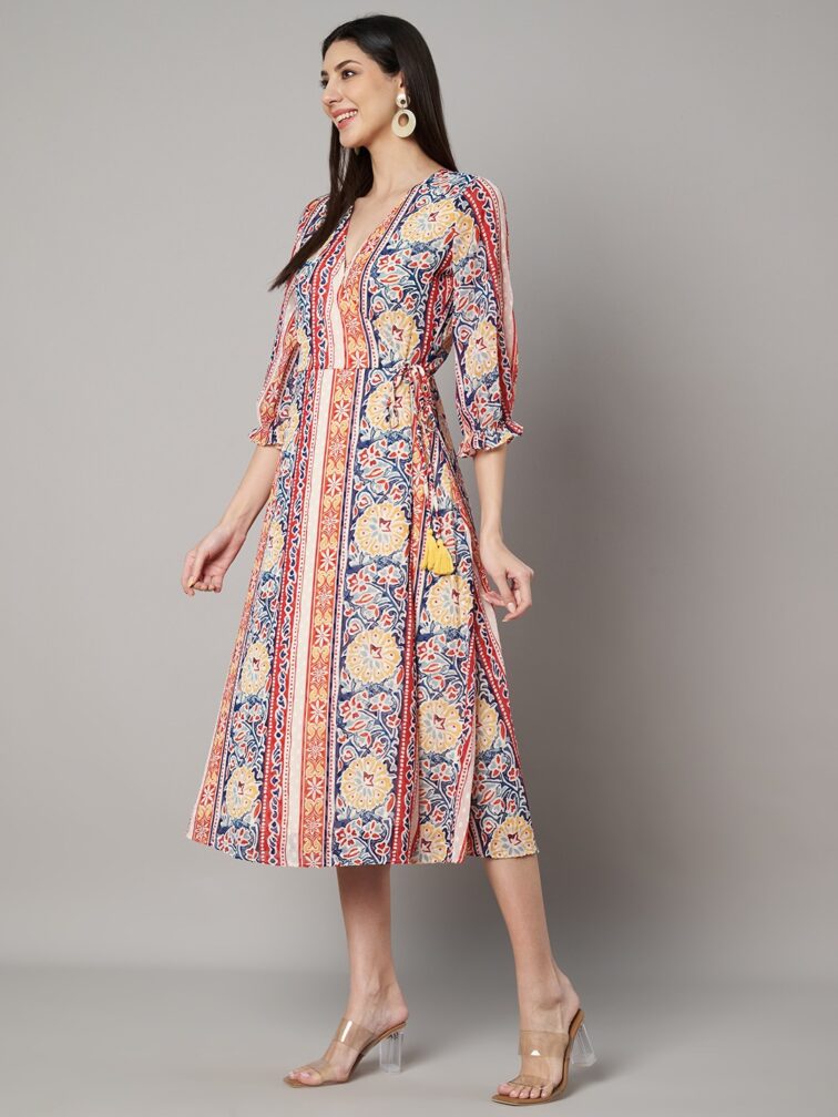 V-Neck Floral Wrap Midi Dress