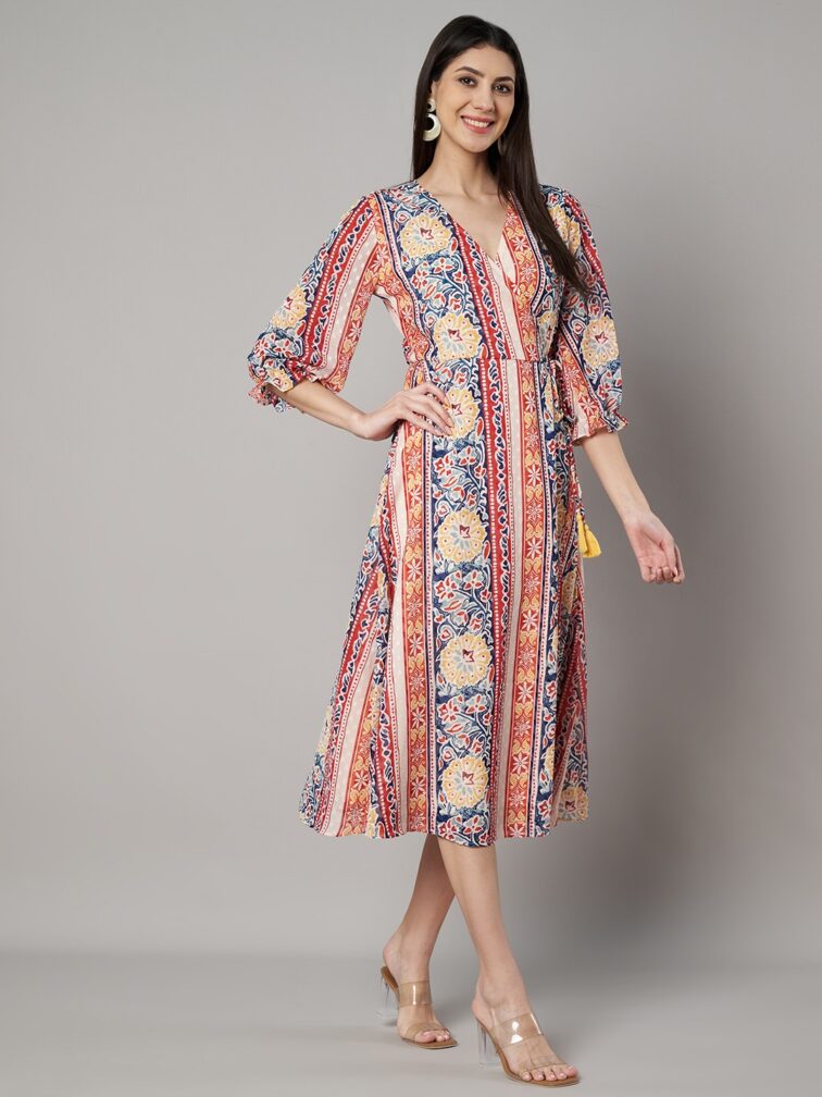 V-Neck Floral Wrap Midi Dress