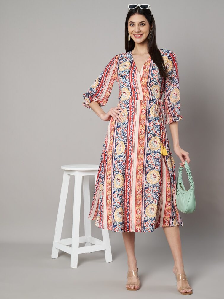 V-Neck Floral Wrap Midi Dress