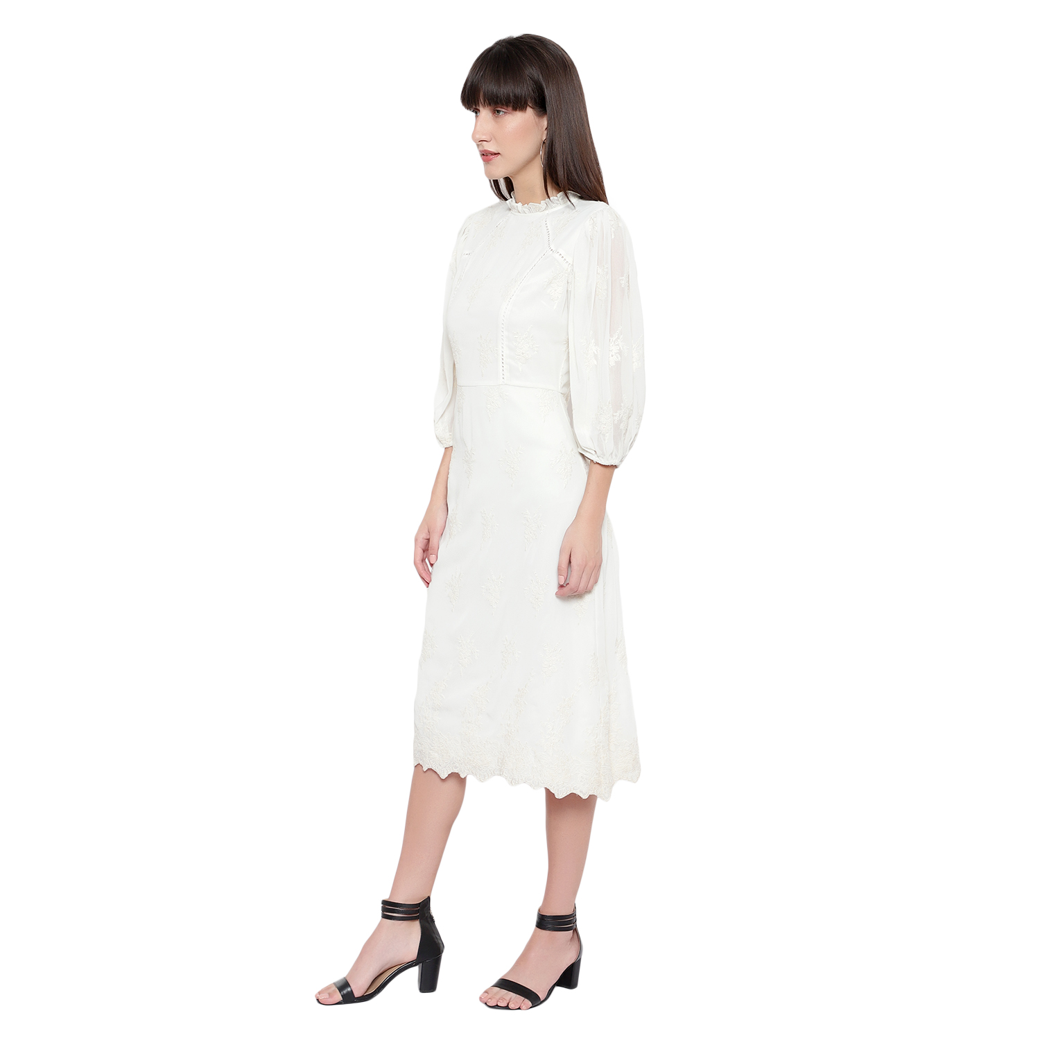 Buy Ruffle Neck Embroidered 3/4 Sleeves A-Line Dress- Amagyaa