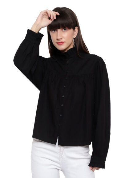 Ruffle Neck Solid Full Sleeves Shirt Top