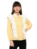 Women Yellow Checked Ruffle Detail Shirt Style Top
