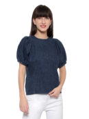 Women Navy Blue Indigo Solid Denim Top
