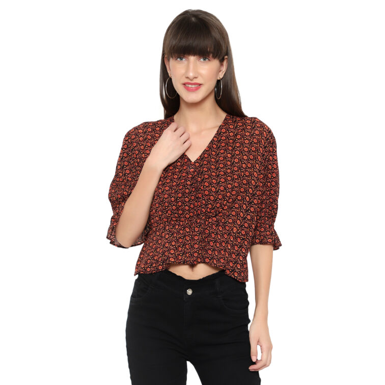 V-Neck Rust Floral Printed Crop Top