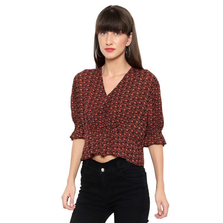 V-Neck Rust Floral Printed Crop Top